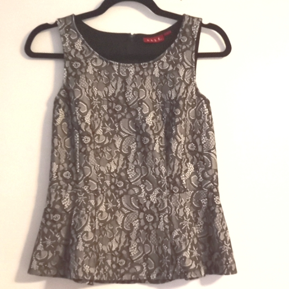 ELLE Lace Overlay Sleeveless Black & White Ruffle Top in Peplum Style in Size S